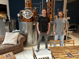 Luke and Richie of East Chase Distillers, in front
of their rather beautiful distillation equipment.